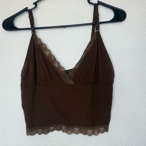 Brown Lace Trimmed Cropped Tank Top | Size M